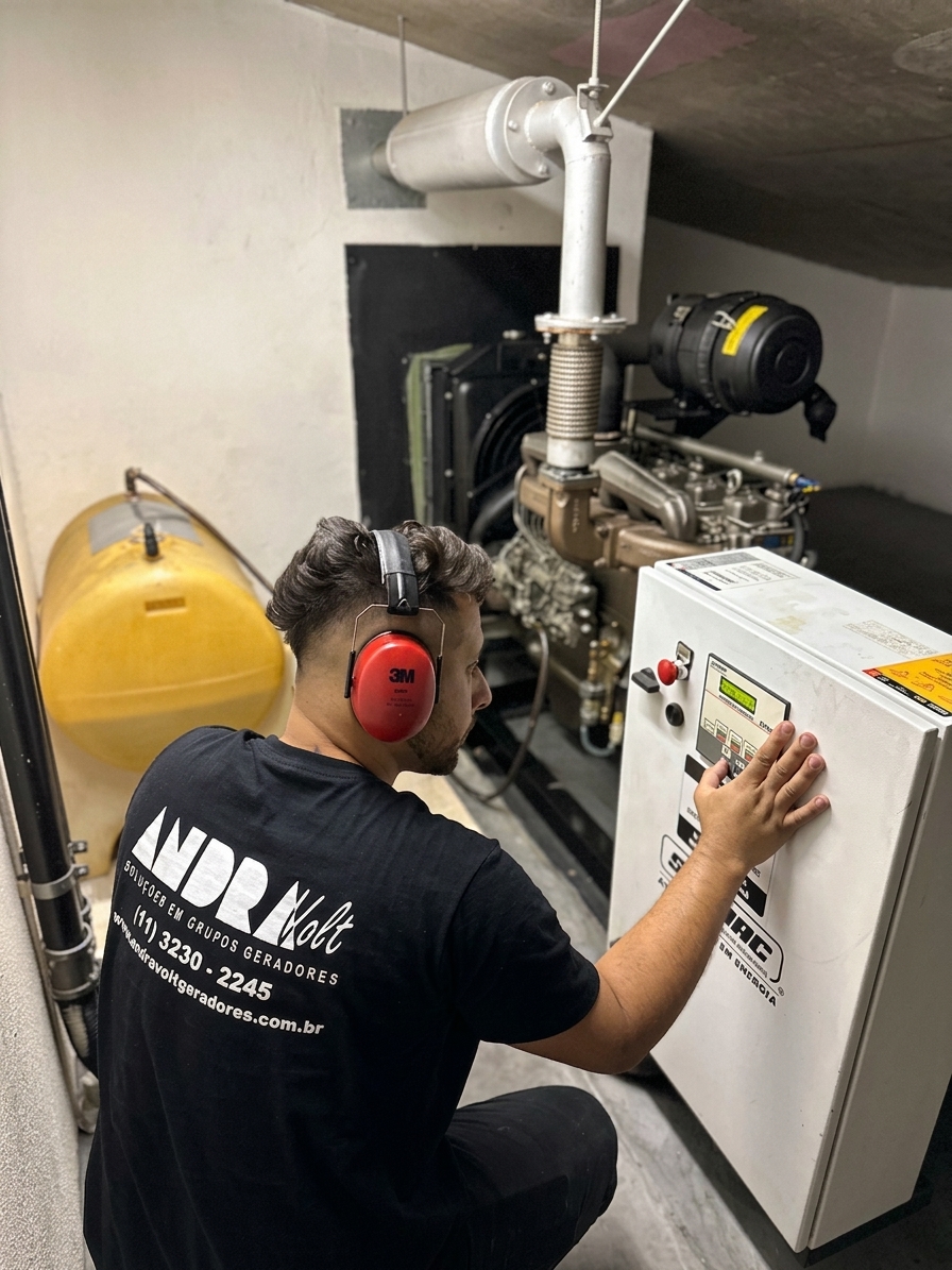 Técnico Andravolt realizando manutenção em grupo gerador